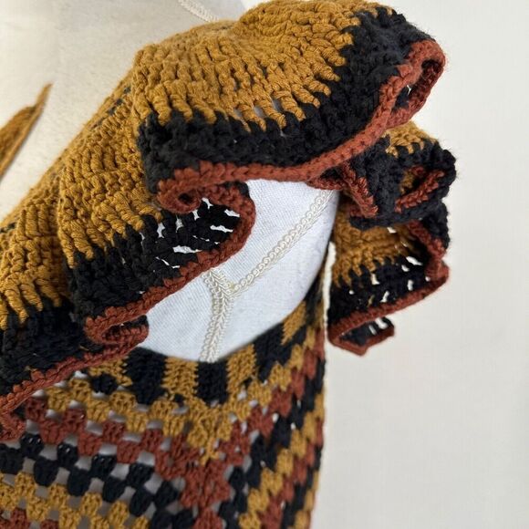 ZARA Womens Crochet Knit Dress Size Small Brown Black Midi Granny Chic - Picture 4 of 9